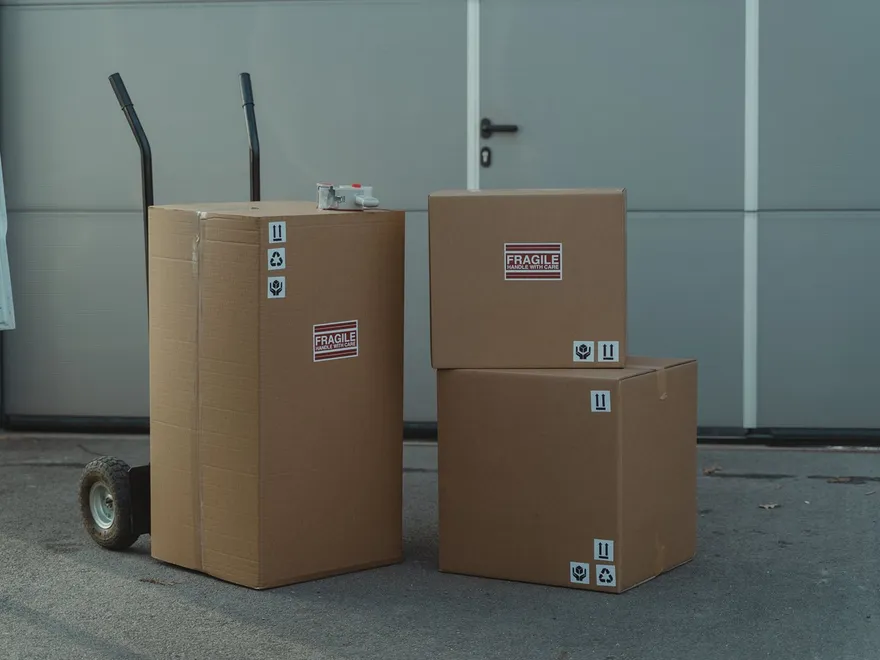 Sealed moving boxes and a hand trolley in front of a storage unit door
